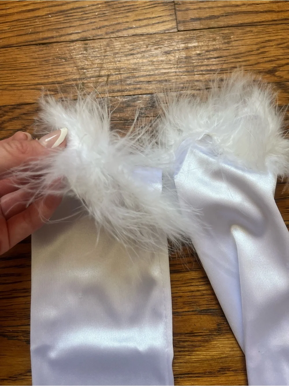 White Satin Costume Long Dress Gloves with Feather Trim